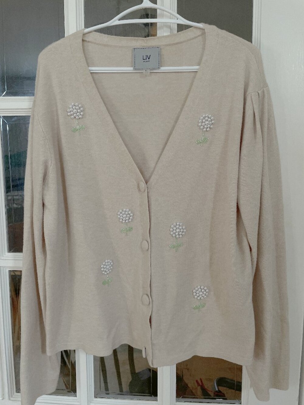 LIV MILANO Cream Pearl Beaded Floral Knit V-Neck Cardigan Sweater Soft XL